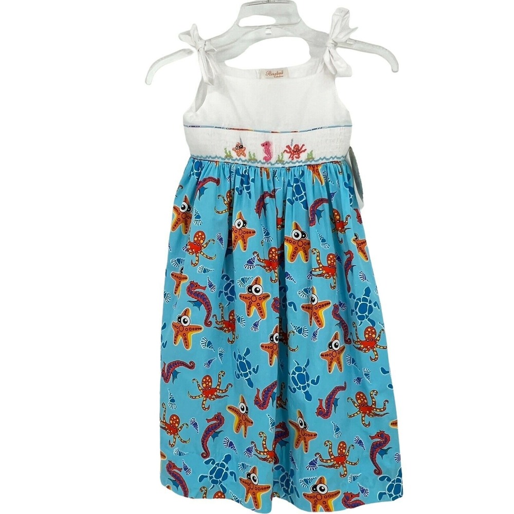 New Rosalina Smocked Embroidered‎ Sea Creatures Beach Summer Dress 6Y